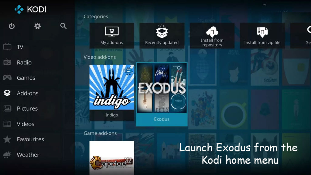 You have to Launch Exodus from the Kodi home menu