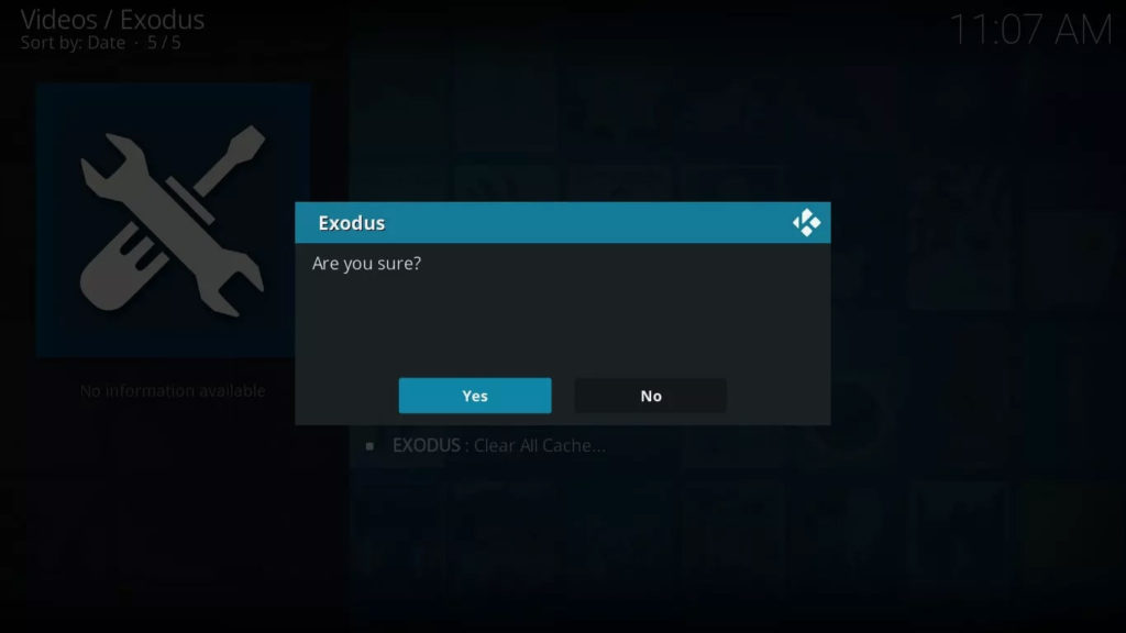 Select Yes to confirm and clear out the Exodus cache