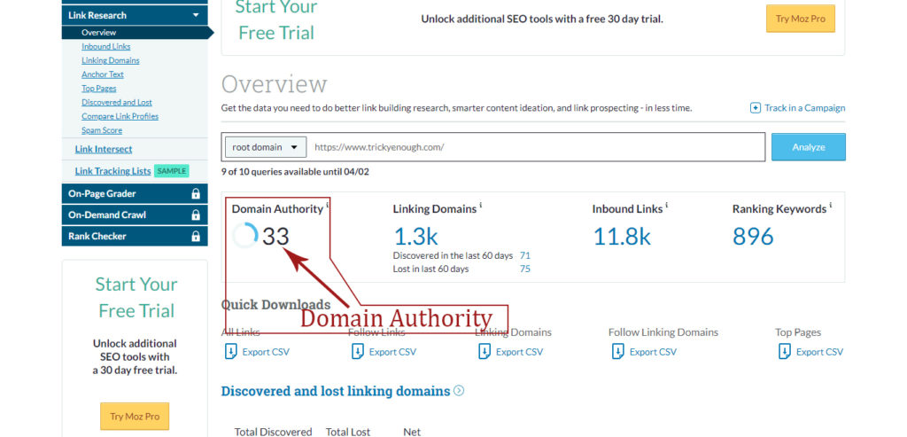 How to Increase Domain Authority MOZ Tools Example