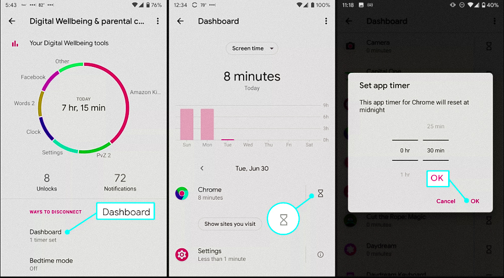 Showing Digital Well-being total time, Screen time on Android and App timer