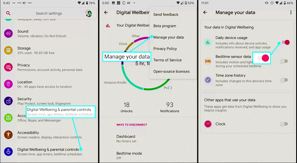Showing Digital well being, Management of data and daily device usage with toggle switch to limit screen time on Android