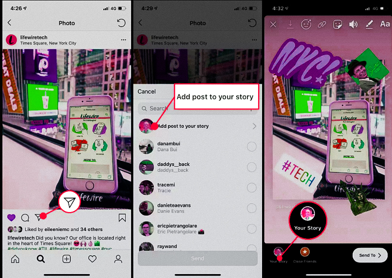 Showing how to share a story from Instagram to re-post on the Instagram story