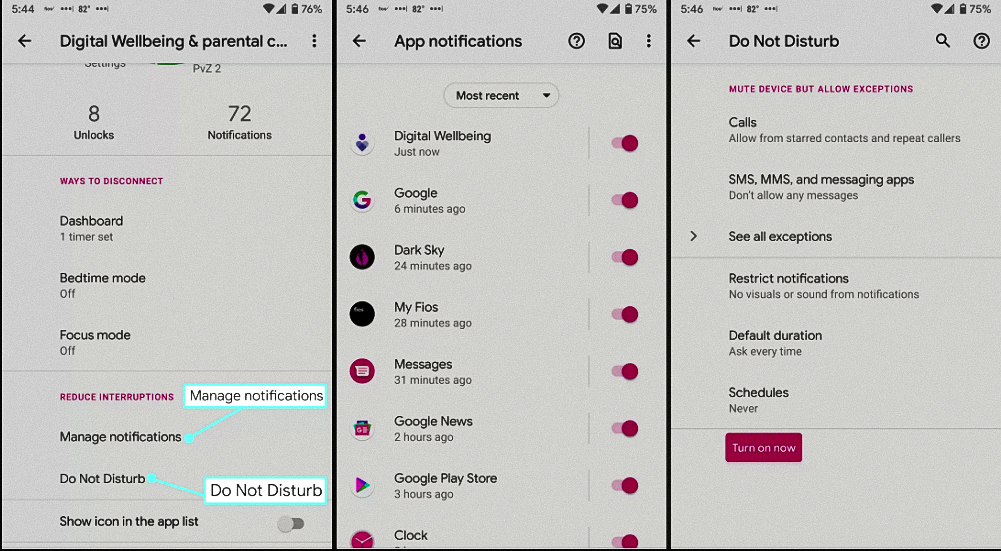 Showing Digital Well-being, app notification and Do Not Disturb mode 