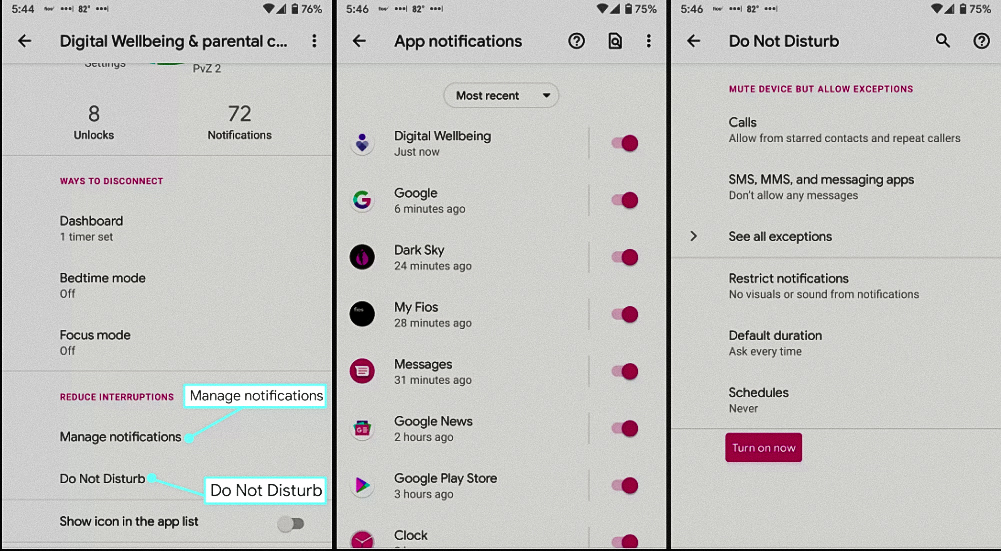 Showing Digital Well-being, app notification and Do Not Disturb mode