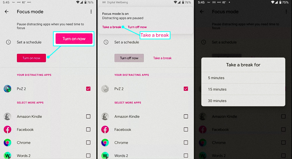 Turning on focus mode, take a break, and time given to take a break to limit screen time