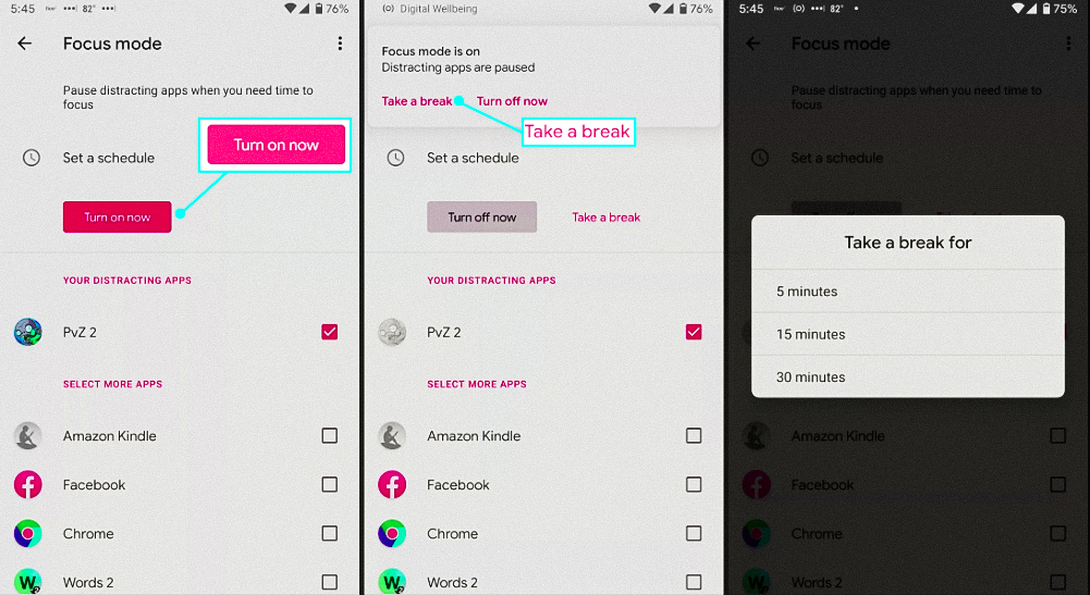 Turning on focus mode, take a break, and time given to take a break to limit screen time 