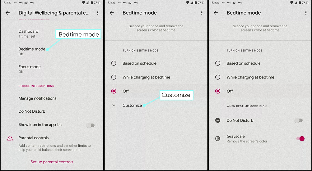 Showing bedtime mode, customize mode, and grey scale mode 