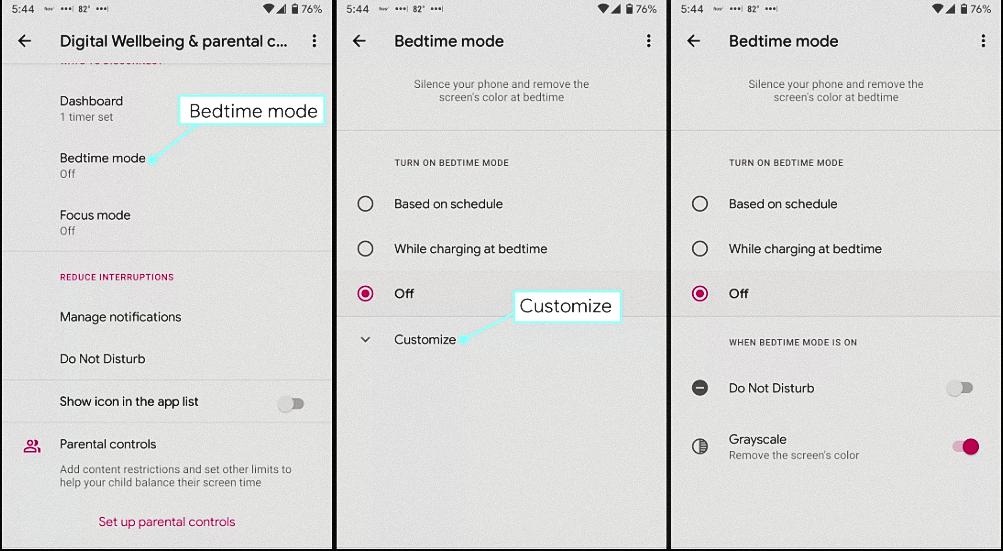 Showing bedtime mode, customize mode, and grey scale mode