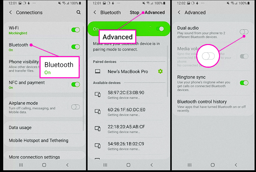 Showing Advanced Settings in latest Samsung  devices and dual audio feature.