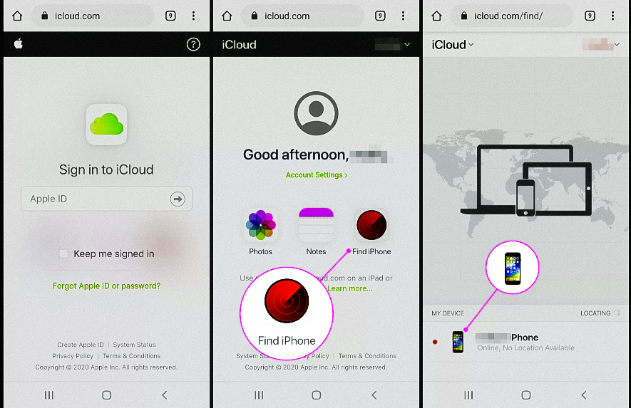 activating iCloud.com using Apple ID to find my iPhone on android using any Android browser