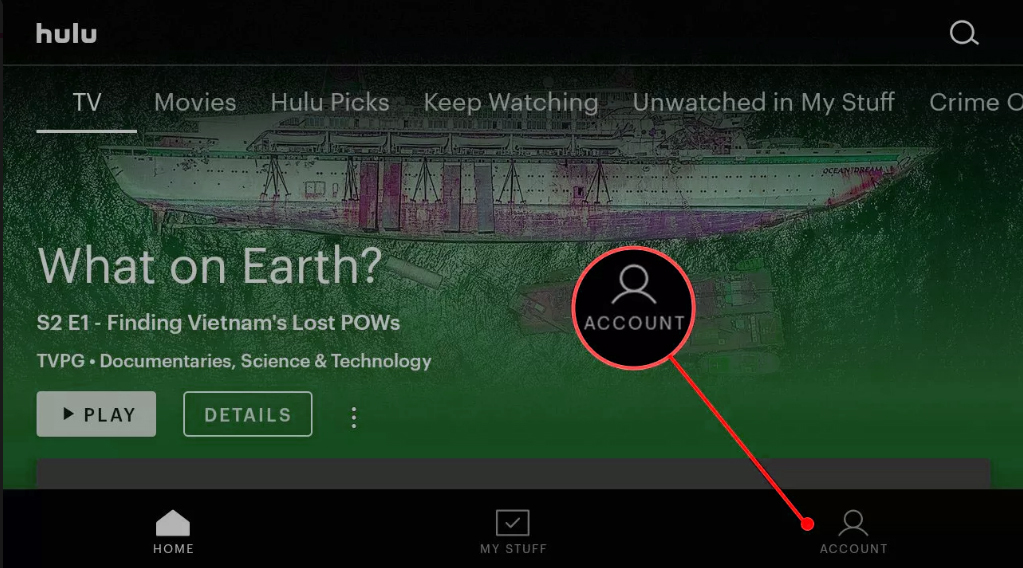 Showing Account section on Hulu with Parental lock