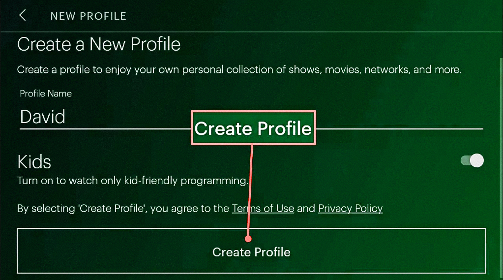 Highlighting the Create profile option with parental lock on Hulu