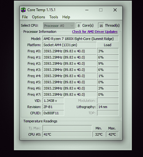 Core temp showing the current temperature of the CPU