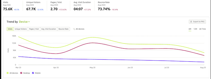 Showing total visits, unique visitants, page views and visits, time and bounce rate of a website. 