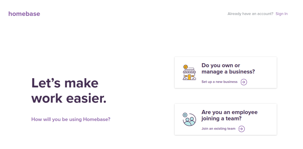 Homebase best software for small businesses sign up page.